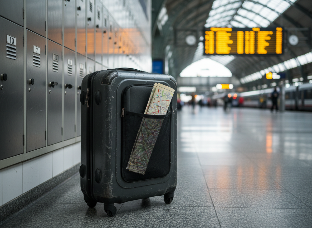A well-worn carry-on suitcase with scuffed hard-shell corners and a neatly rolled city map tucked into an outer mesh pocket, resting beside a row of numbered lockers in a bright European train station. The polished stone floor reflects overhead skylights, while a departure board glows softly in the distant blur, hinting at upcoming journeys without legible text. Cool, diffused daylight pours through high windows, casting elongated shadows that emphasize movement and transience. Photographic realism from an eye-level perspective, using a shallow depth of field to keep the suitcase and immediate surroundings razor sharp while the platforms, tracks, and distant trains fade into a soft, practical travel backdrop. The mood is efficient, professional, and quietly adventurous, capturing a real, in-transit travel moment rather than a staged stock scene.